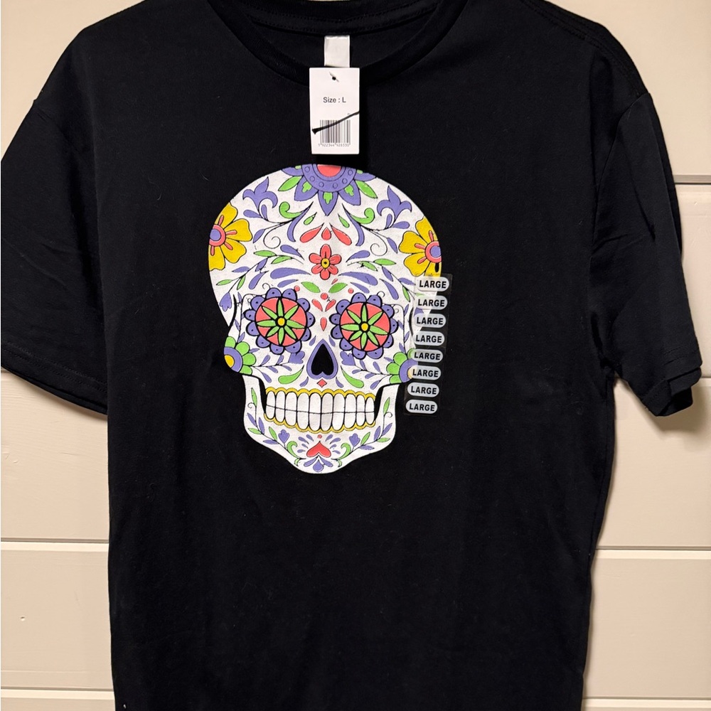 Black Women's Short Sleeve Tee with Colorful Sugar Skull Graphic